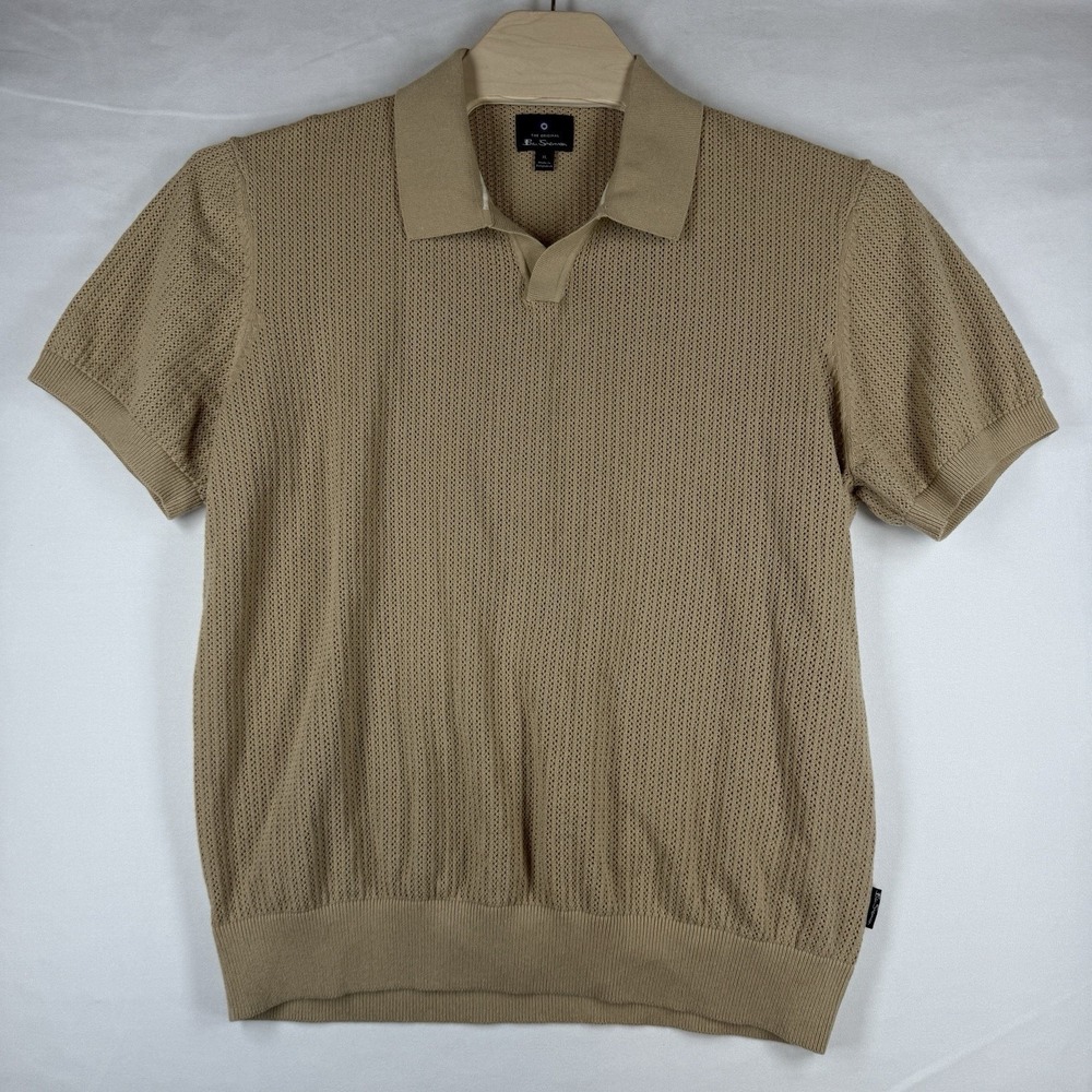 Ben Sherman Men XL Beige Textured Knit Polo Shirt Short Sleeve Retro Mod